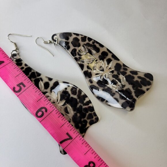 Black Animal Print Resin Big Dangle Earrings Black Long Earrings - Picture 4 of 8